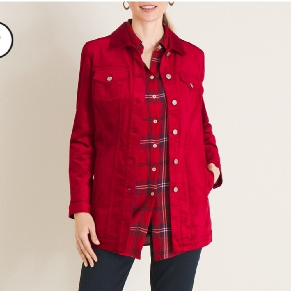 Chico's Red Petite Elongated Stretch Velveteen Jacket Size1P, US SIZE 8/10P